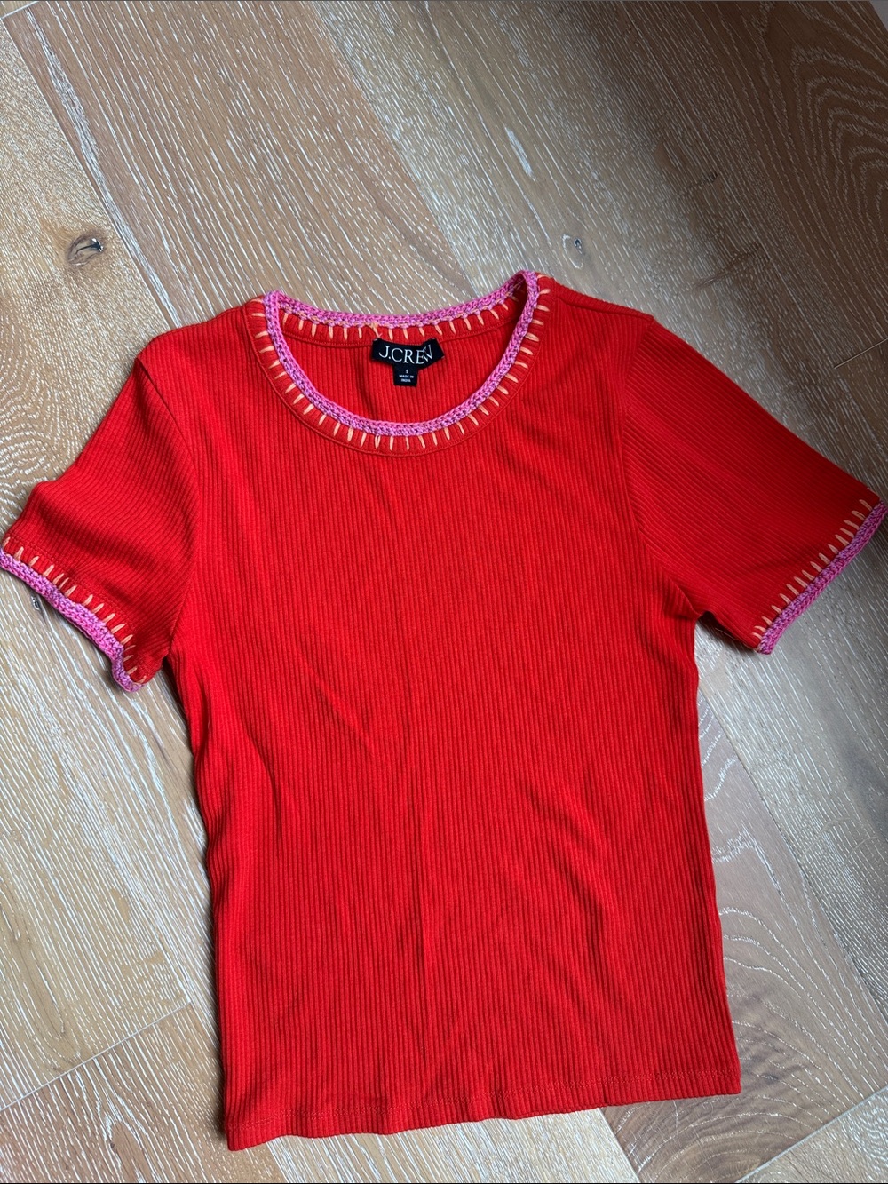 J. Crew Red Ribbed Short Sleeve Top with Pink Contrast Trim
